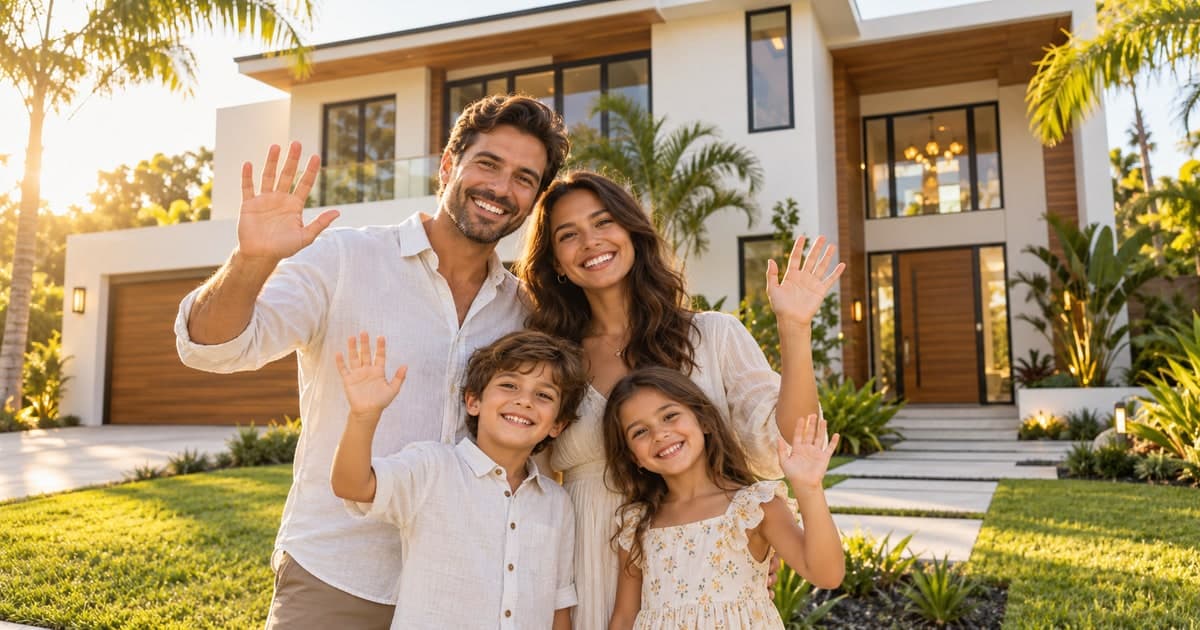 A family in front of their home