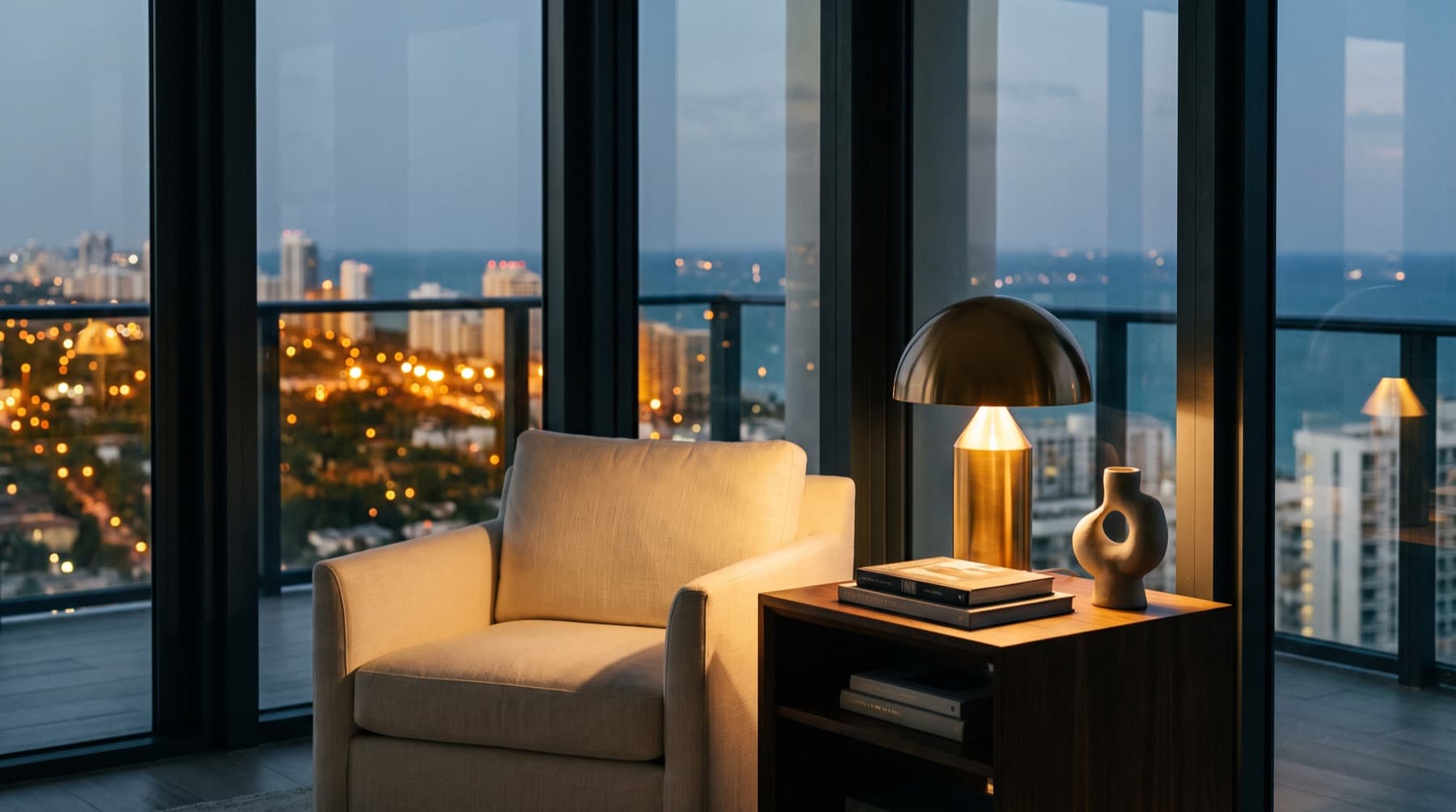 Salón de un ático de Miami al anochecer, con la ciudad iluminada al fondo