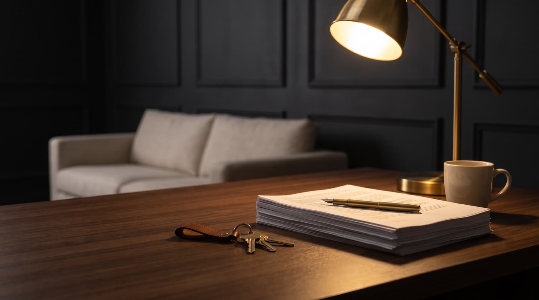 Signed contracts, keys and a pen on a walnut desk