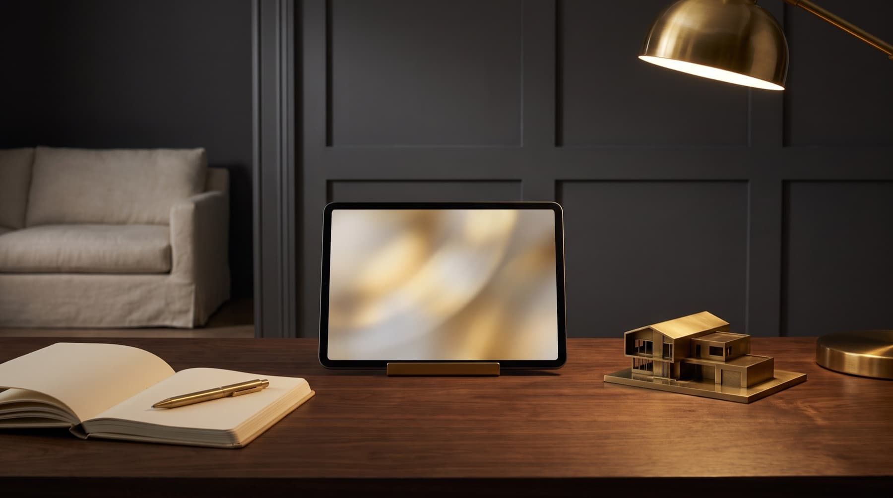 Un cuaderno abierto, una tableta y una maqueta de casa sobre una mesa de nogal